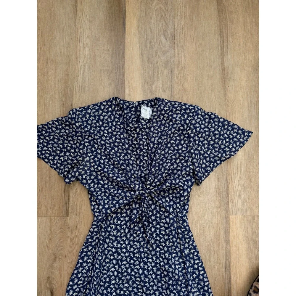 Vintage Navy Blue Ditsy Floral Tie Front Midi Dress 12 cottage prairie